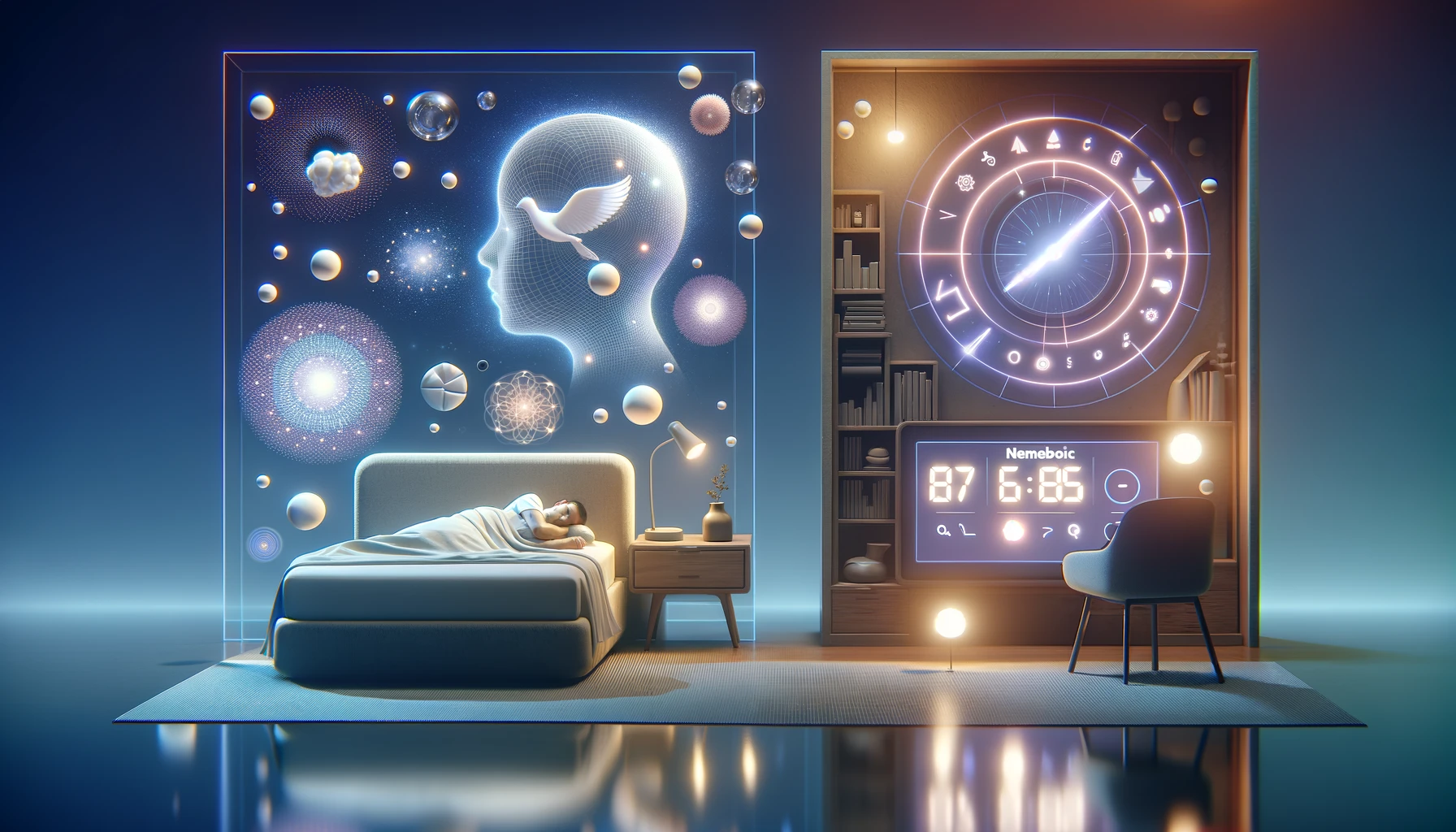 MILD(明晰夢誘導法)を象徴するヒーローイメージで、穏やかに眠る人と夢と現実の境界をぼかすデジタル時計、記憶に訴えるシンボルが描かれ、明晰夢へと誘う変容の旅を体現しています。